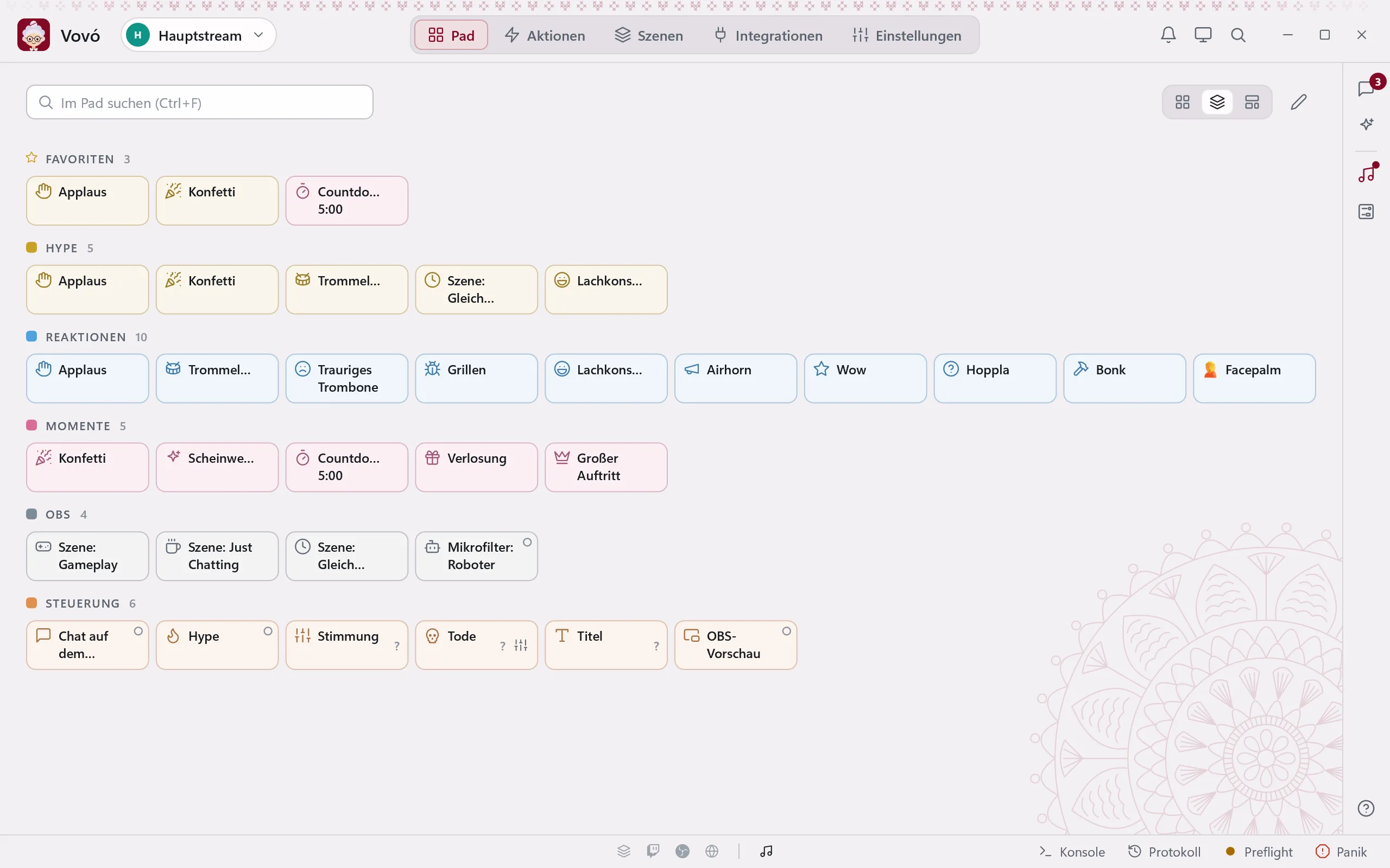 Das Pad nach Gruppen: Favoriten, Party, Reaktionen, Momente und OBS, jeder Button sagt, was er tut.