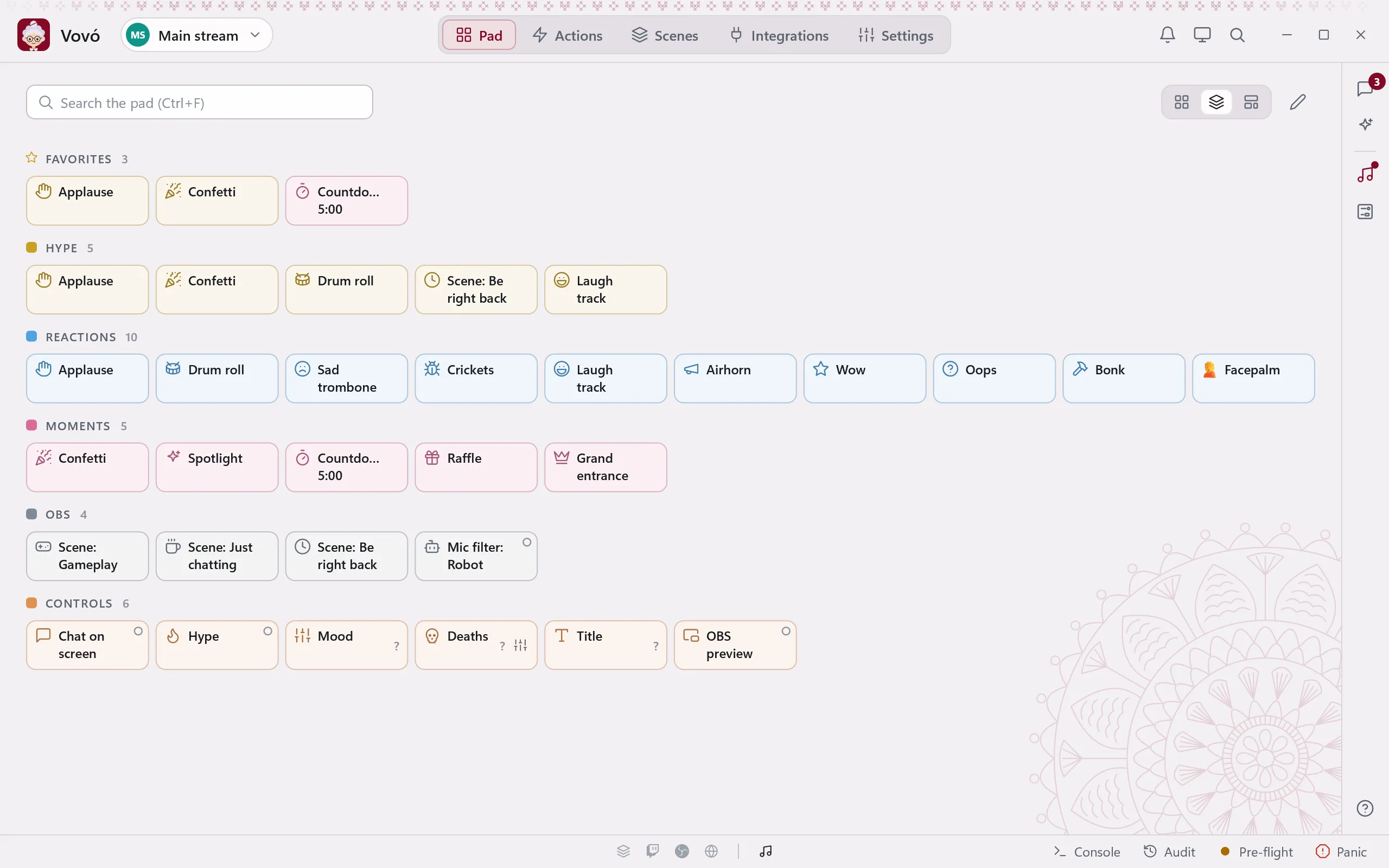 The pad by groups: favourites, party, reactions, moments and OBS, each button saying what it does.