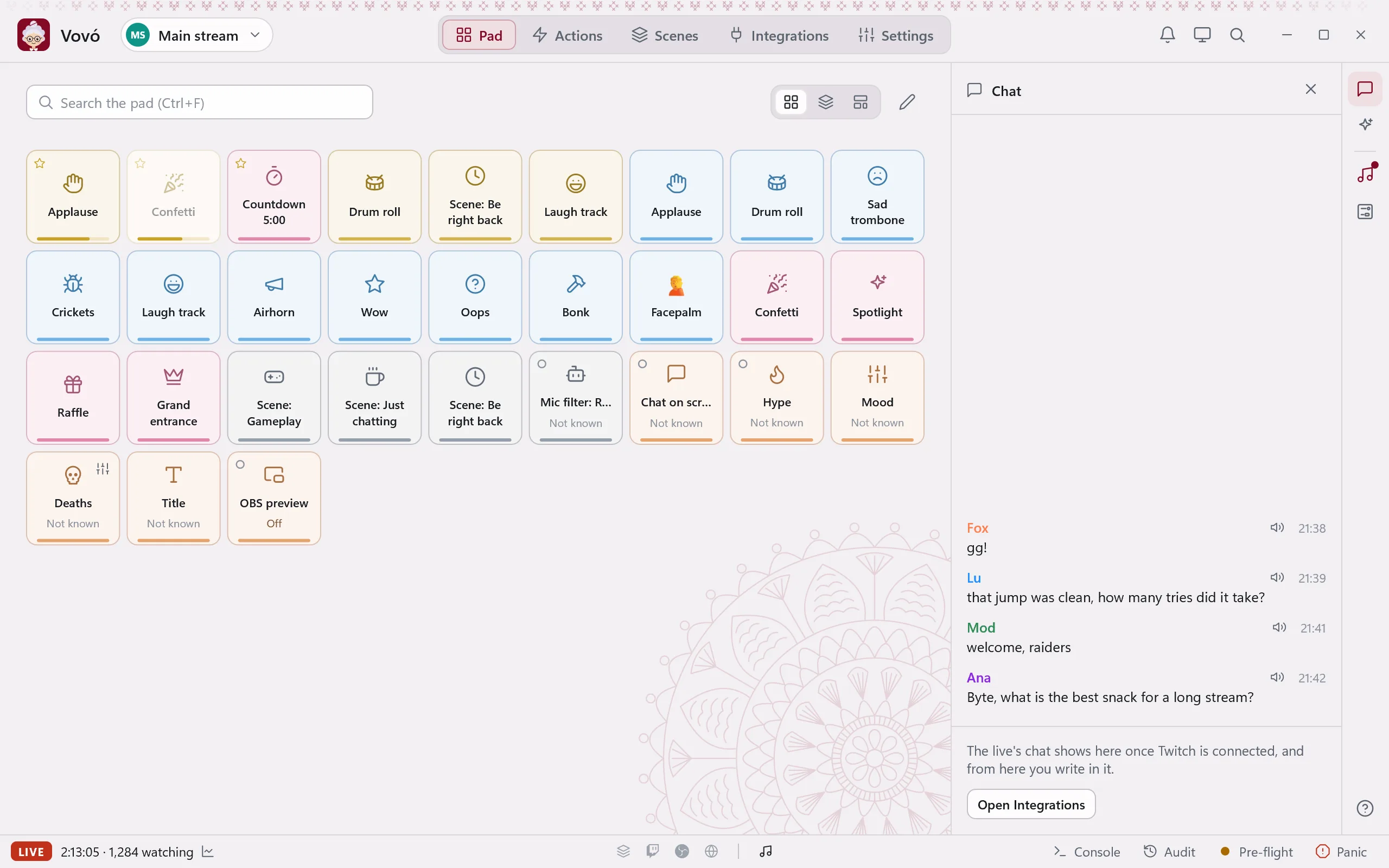 Vovó's window: the pad with its buttons in coloured groups, the live's chat beside it and LIVE in the status bar.