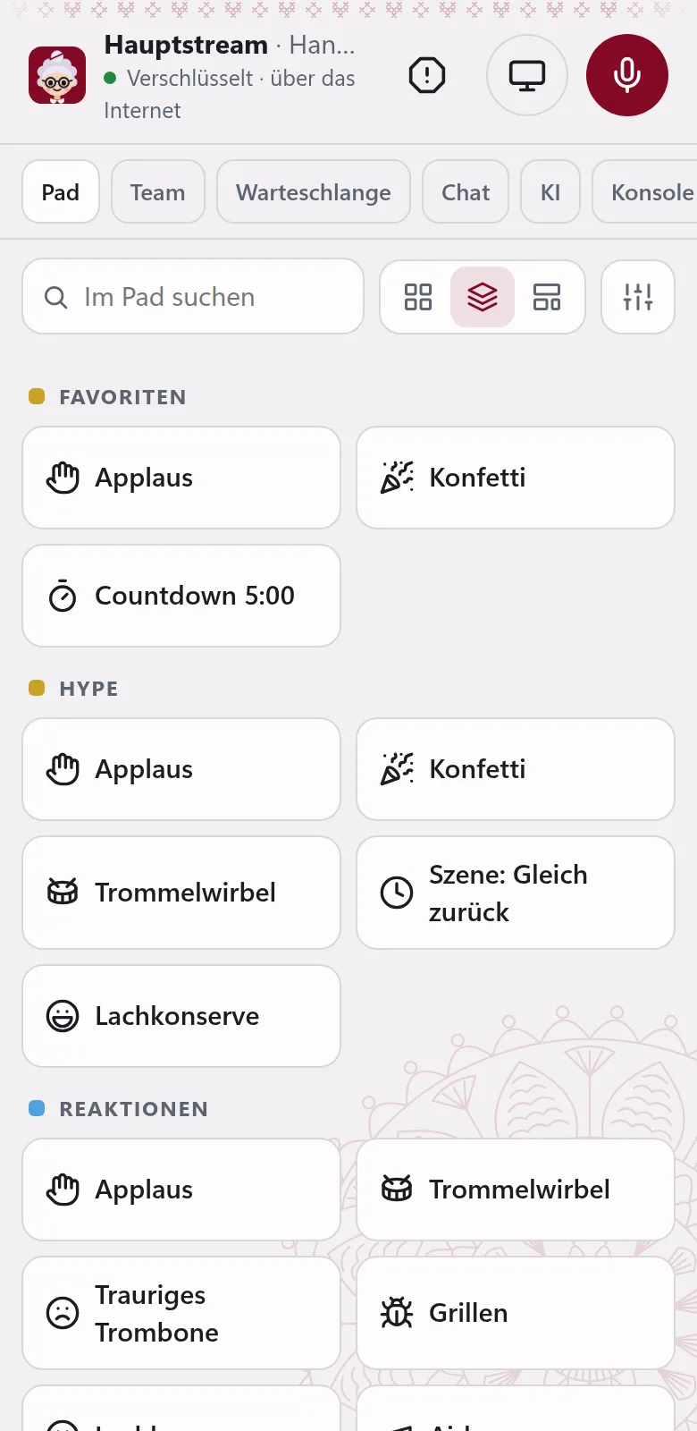Das Pad auf dem Handy, nach Gruppen.