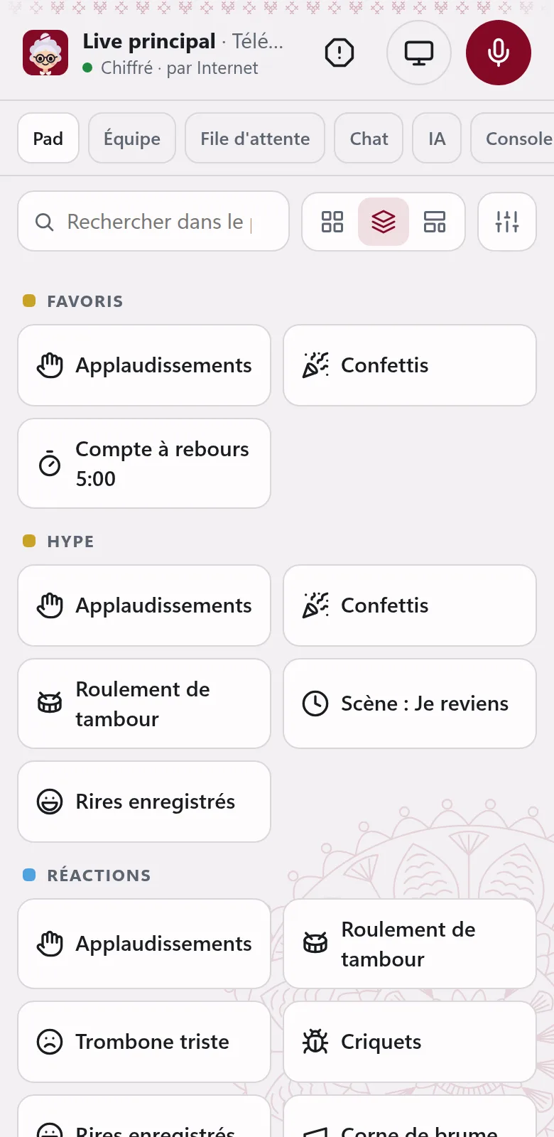 Le pad sur le téléphone, par groupes.