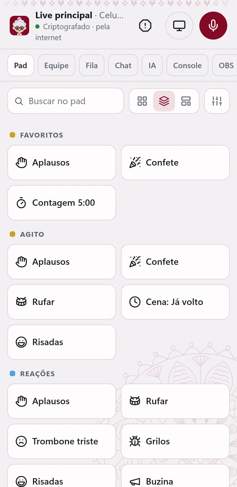 O pad no celular, por grupos.